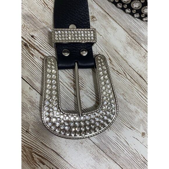 Genuine Italian Leather Belt Womens Size Large Rhinestones Silver Tone Hardware main image 9